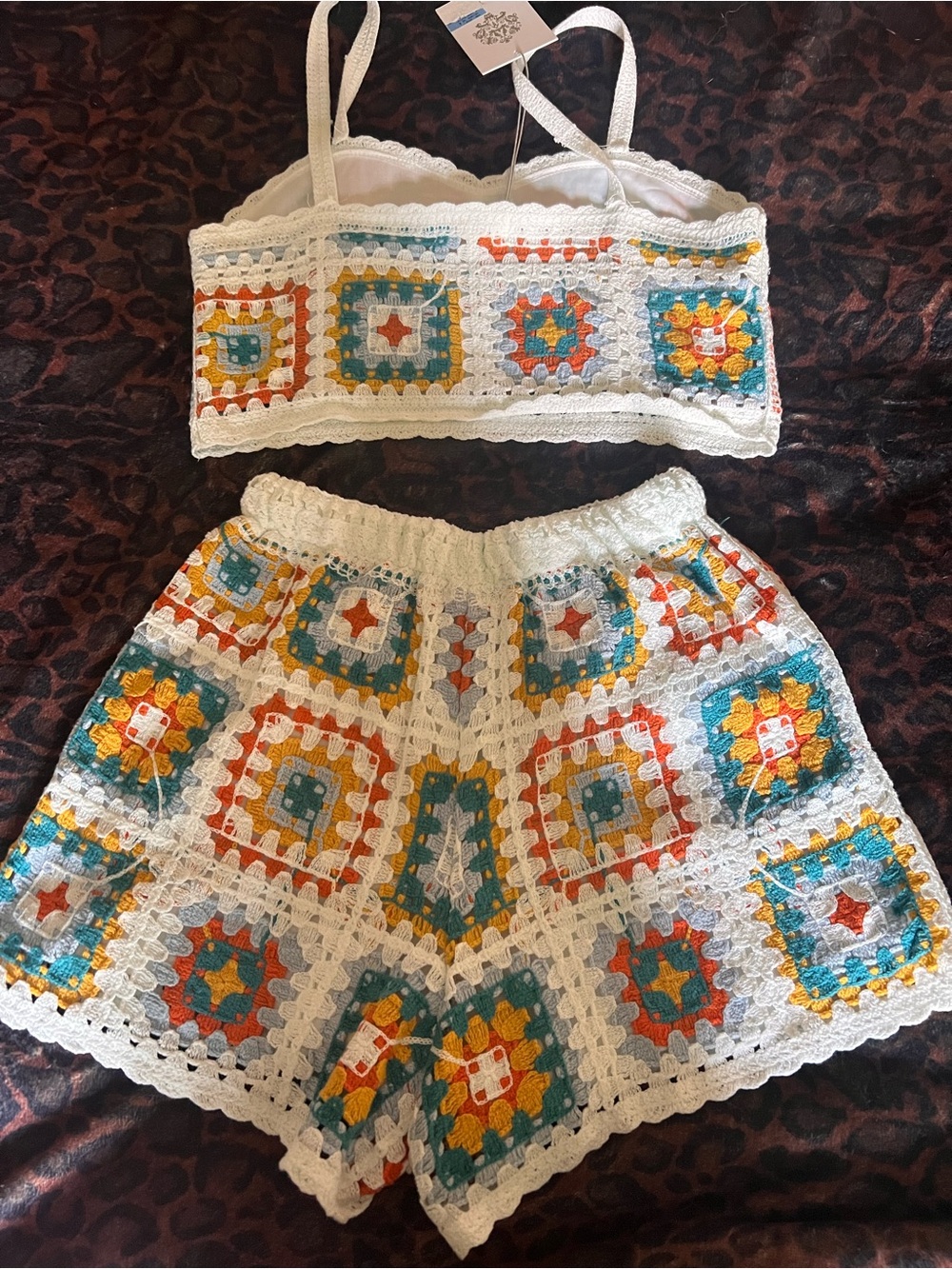 Rebellion White Crochet Two-Piece Set with Teal, Yellow, and Orange Accents - Picture 2 of 7